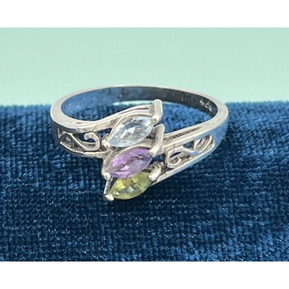Vintage 925 Sterling Silver Three Stone Marquis Ring Amethyst Peridot Topaz 9.75